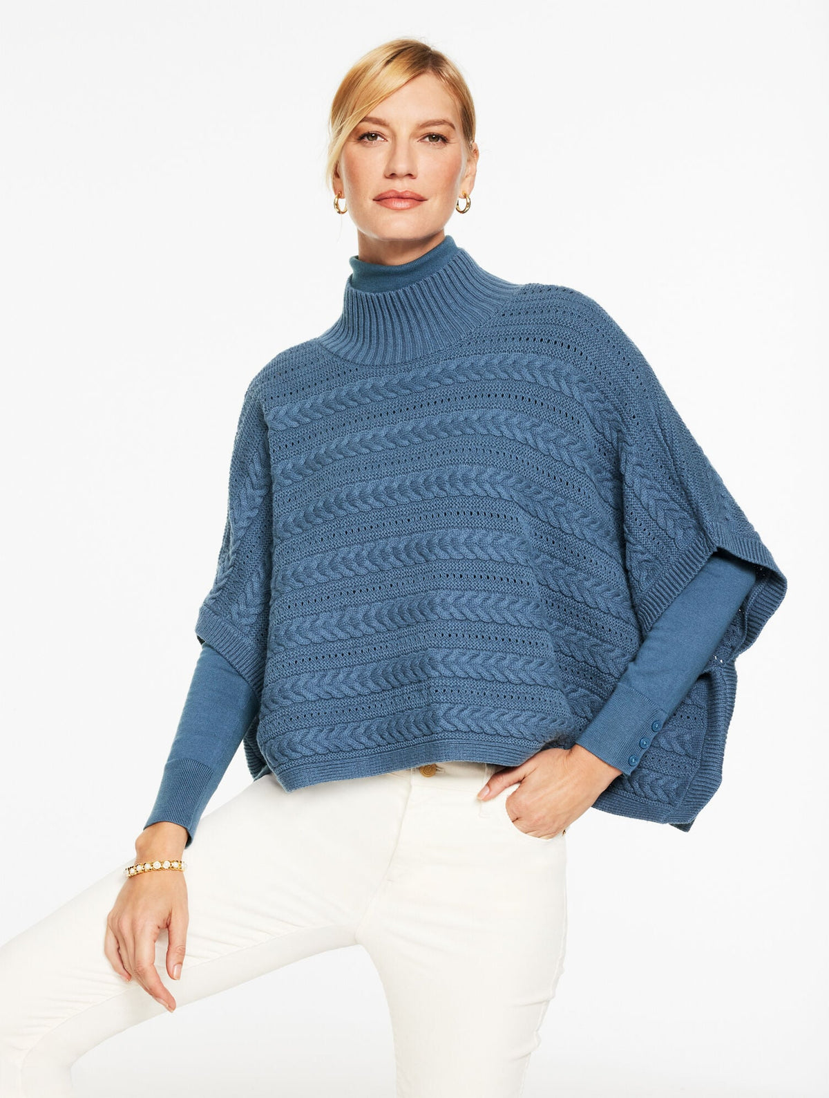 CABLE KNIT PONCHO - MOONLIGHT BLUE | Talbots