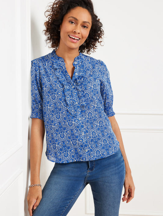 RUFFLE BUTTON FRONT TOP - WOODLAND DAMASK | Talbots