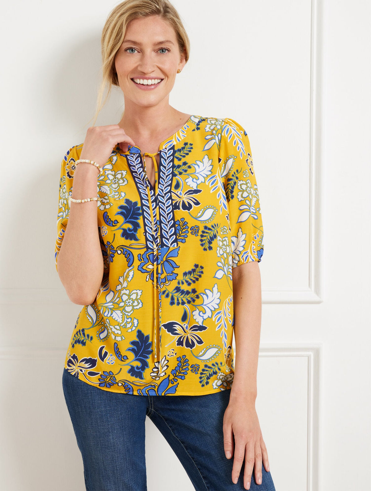 TIE NECK TOP - FLOWING FLORAL | Talbots