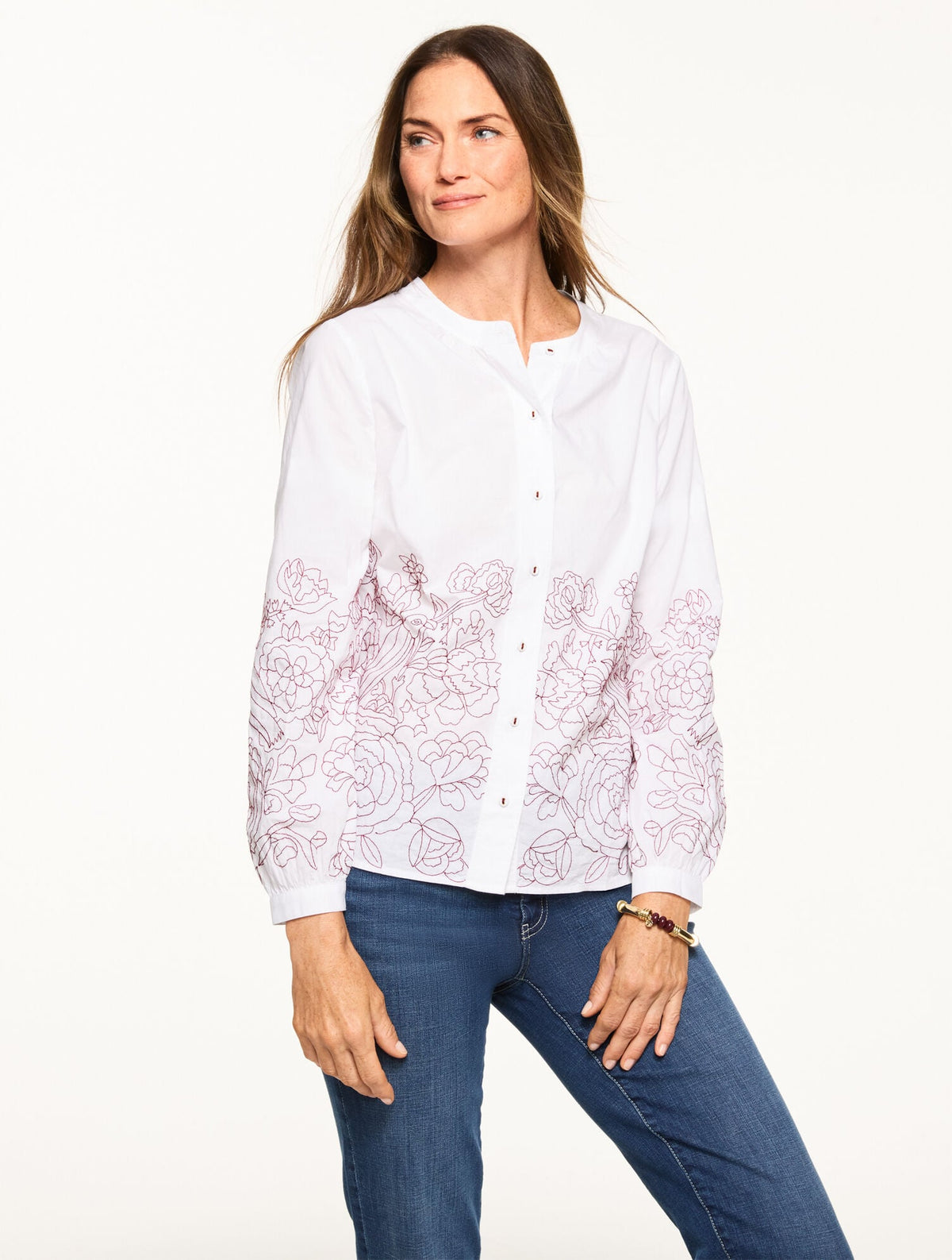 CONTRAST EMBROIDERED POPLIN TOP | Talbots