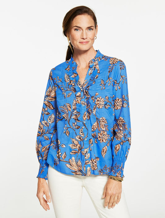 SMOCKED CUFF RUFFLE TOP - FLORAL SYMPHONY | Talbots
