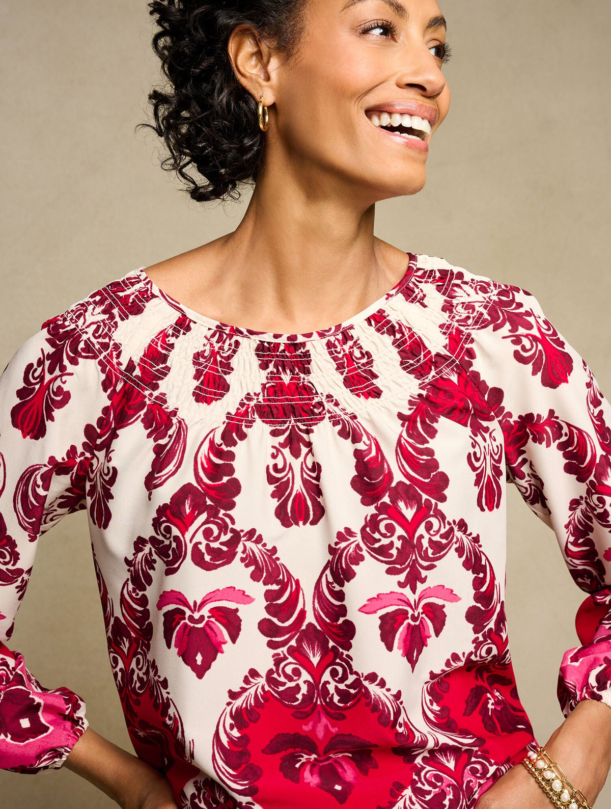 SMOCKED TOP - WATERCOLOR DAMASK | Talbots