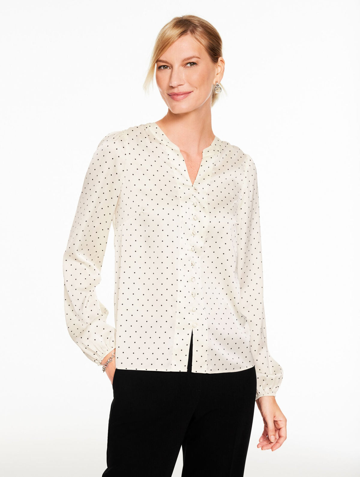 BAND COLLAR BUTTON FRONT SHIRT - LUMINOUS DOTS | Talbots