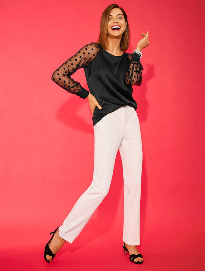 SOFT SATIN CHARMEUSE MESH SLEEVE TOP – GLITTER DOT | Talbots