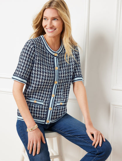 SHORT SLEEVE CARDIGAN - TEXTURE PLAID | Talbots