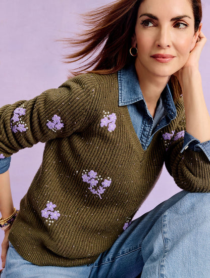 V-NECK SWEATER - TEXTURED FLOWER | Talbots