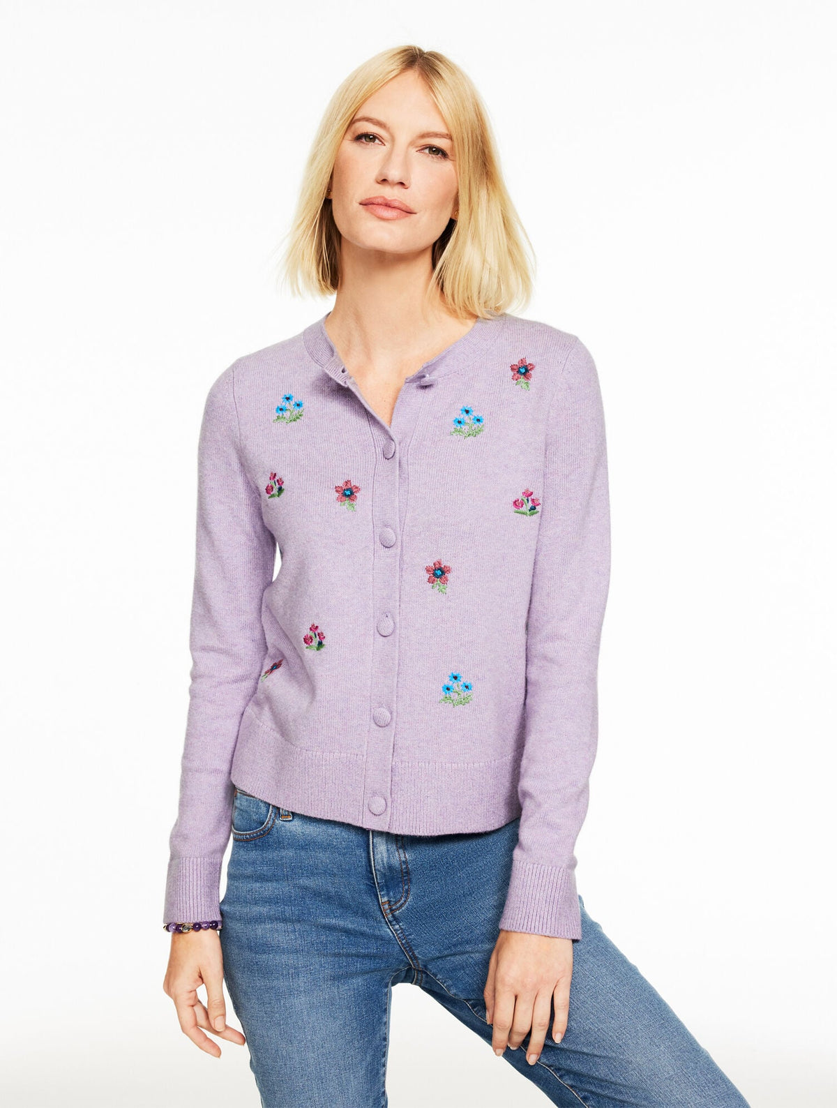 EMBROIDERED CREWNECK CARDIGAN | Talbots