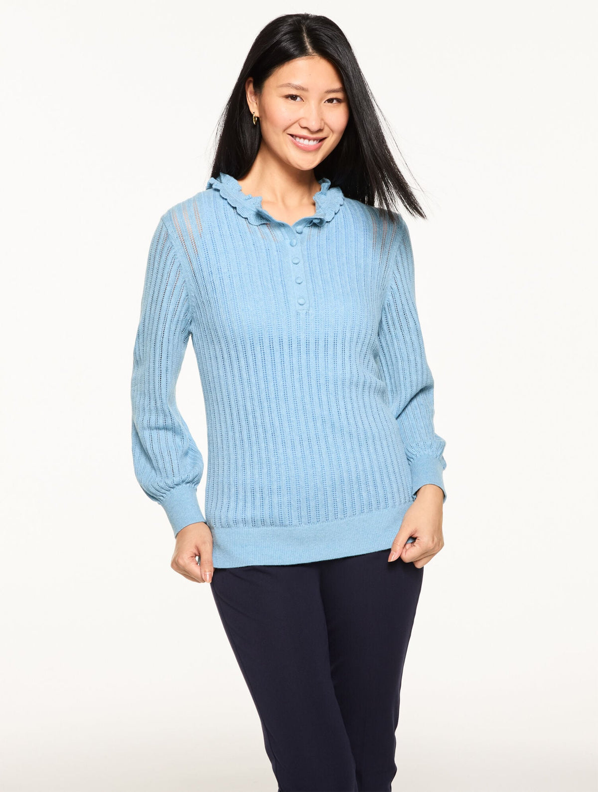 RUFFLE NECK HENLEY PULLOVER | Talbots
