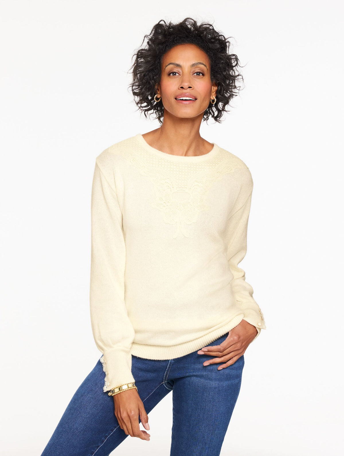 LACE YOKE CREWNECK SWEATER | Talbots