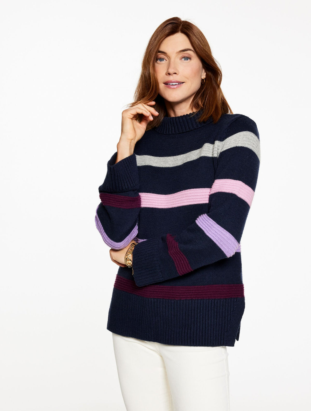 SOFT CABLE KNIT MOCKNECK SWEATER - MULTI STRIPE | Talbots