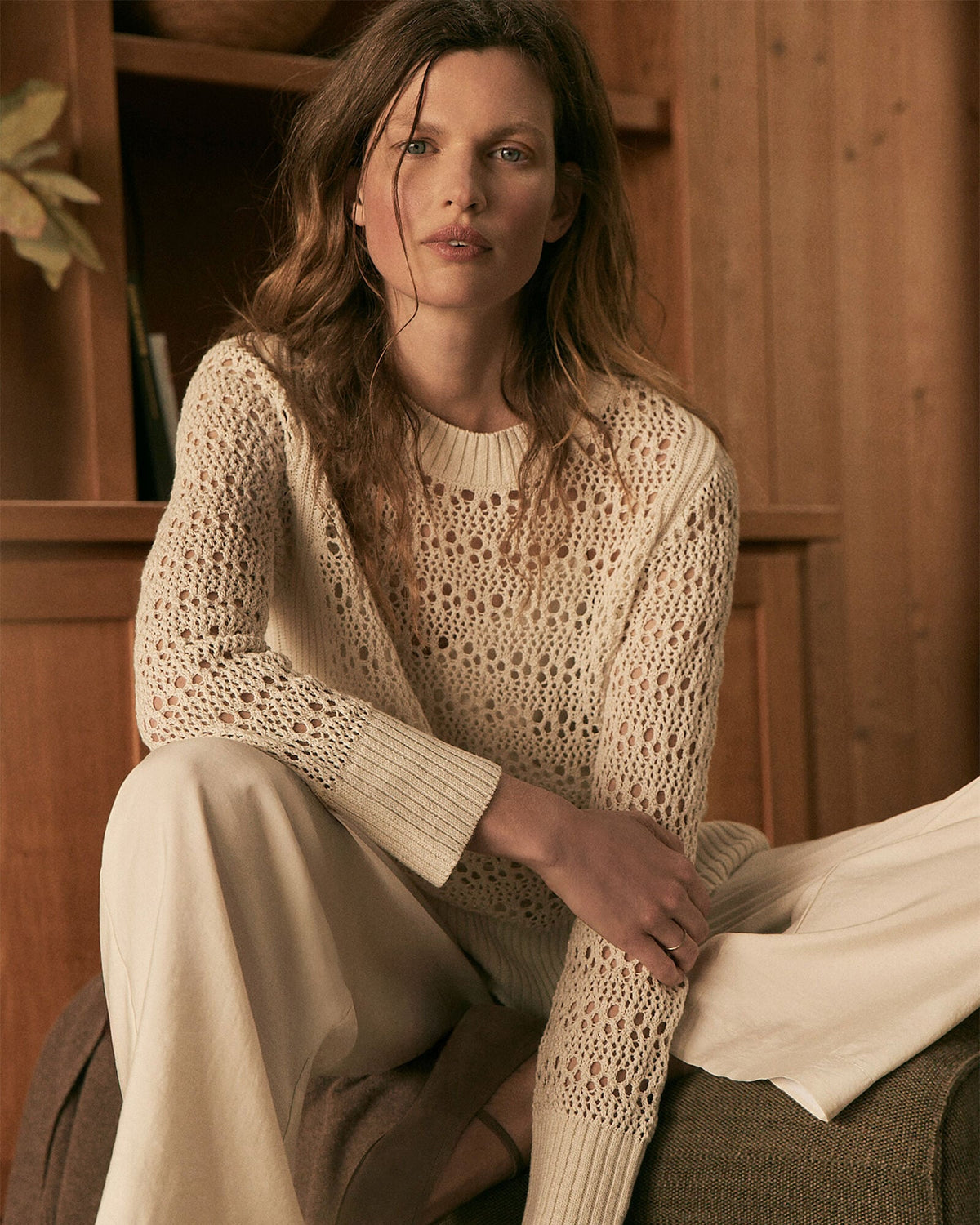 ORGANIC COTTON LINEN OPEN STITCH CREWNECK SWEATER | Talbots