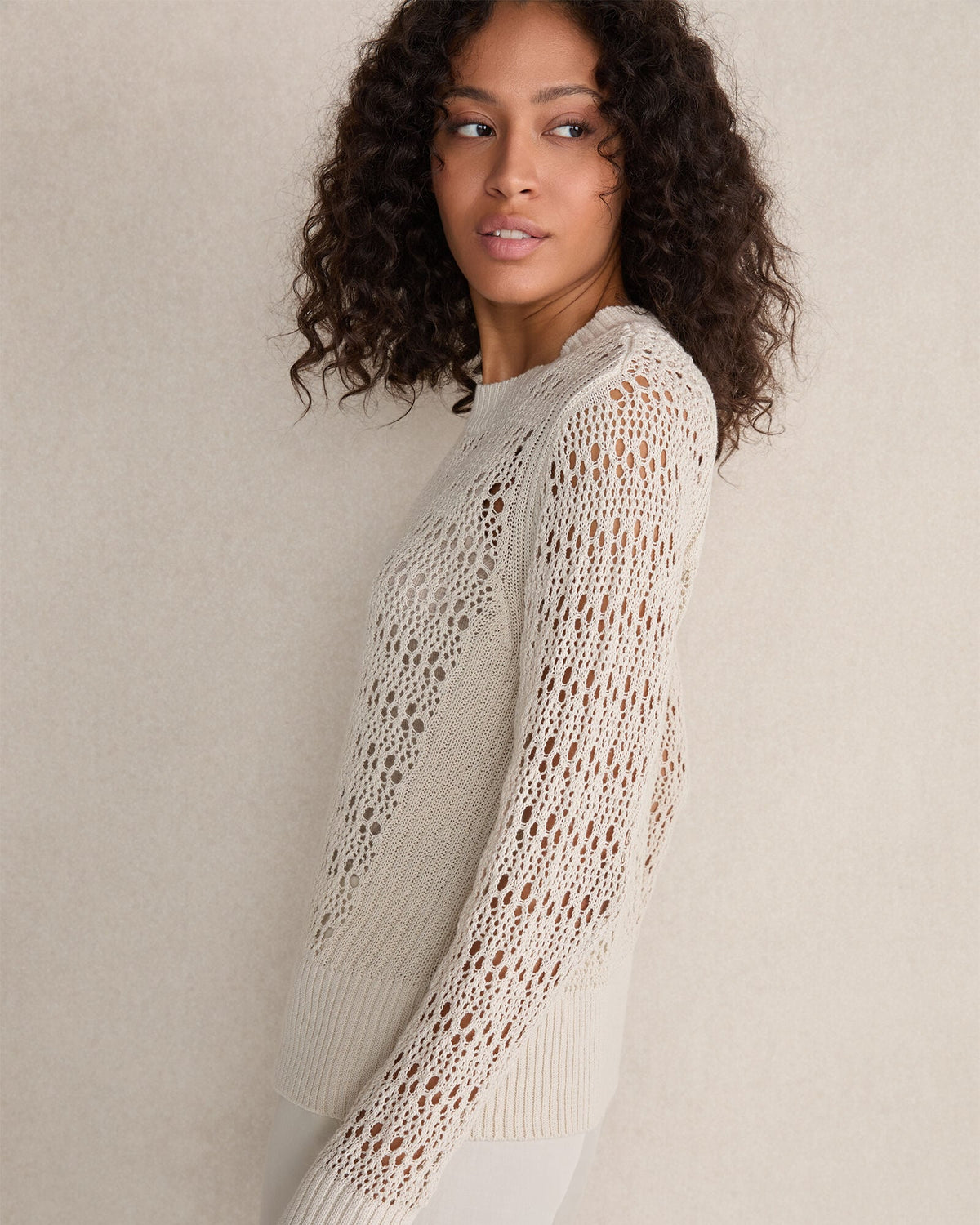 ORGANIC COTTON LINEN OPEN STITCH CREWNECK SWEATER | Talbots