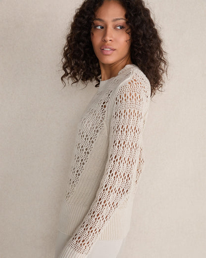 ORGANIC COTTON LINEN OPEN STITCH CREWNECK SWEATER | Talbots