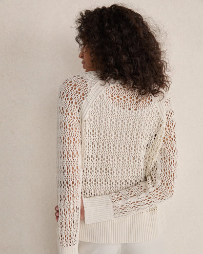 ORGANIC COTTON LINEN OPEN STITCH CREWNECK SWEATER | Talbots