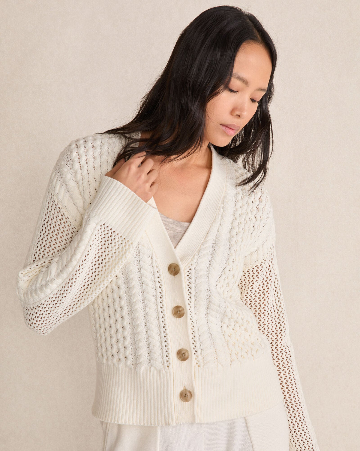 COTTON BLEND MIXED STITCH CARDIGAN | Talbots