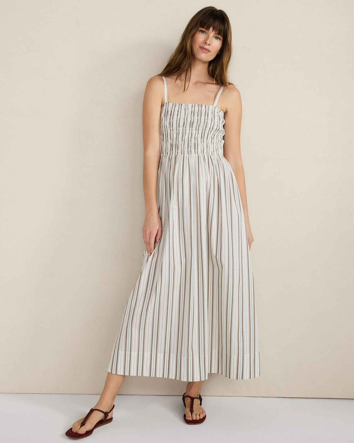 ORGANIC COTTON POPLIN SMOCKED MIDI DRESS | Talbots