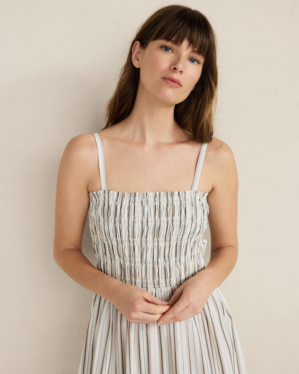 ORGANIC COTTON POPLIN SMOCKED MIDI DRESS | Talbots