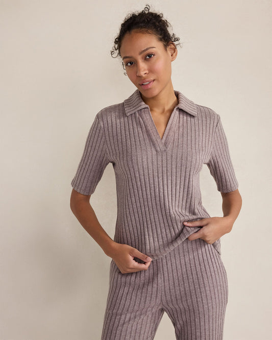 WIDE RIB KNIT JOHNNY COLLAR TOP | Talbots