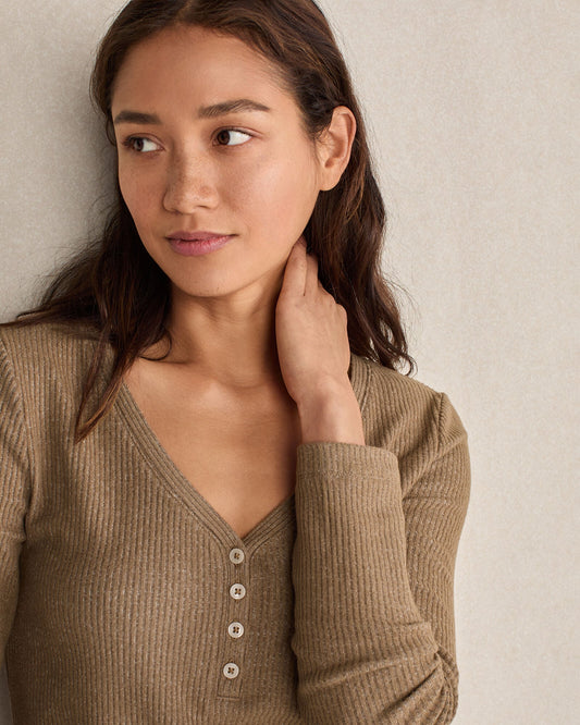 BRUSHED RIB KNIT LONG SLEEVE HENLEY | Talbots