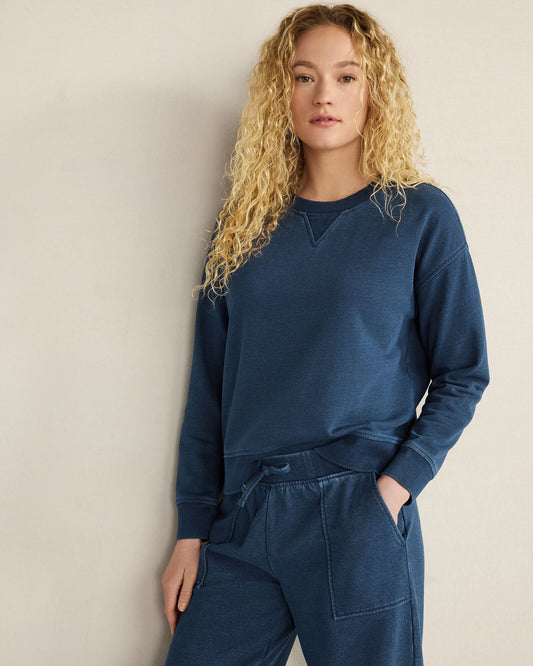 INDIGO WASHED COTTON FLEECE CREWNECK PULLOVER | Talbots
