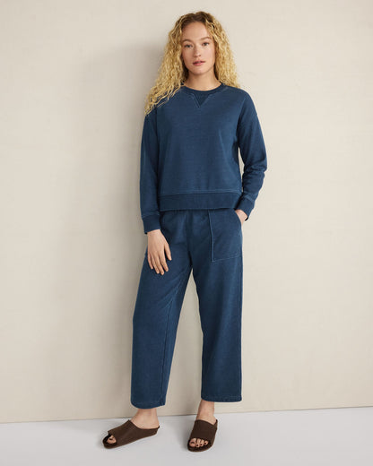 INDIGO WASHED COTTON FLEECE CREWNECK PULLOVER | Talbots