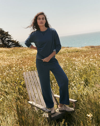 INDIGO WASHED COTTON FLEECE CREWNECK PULLOVER | Talbots