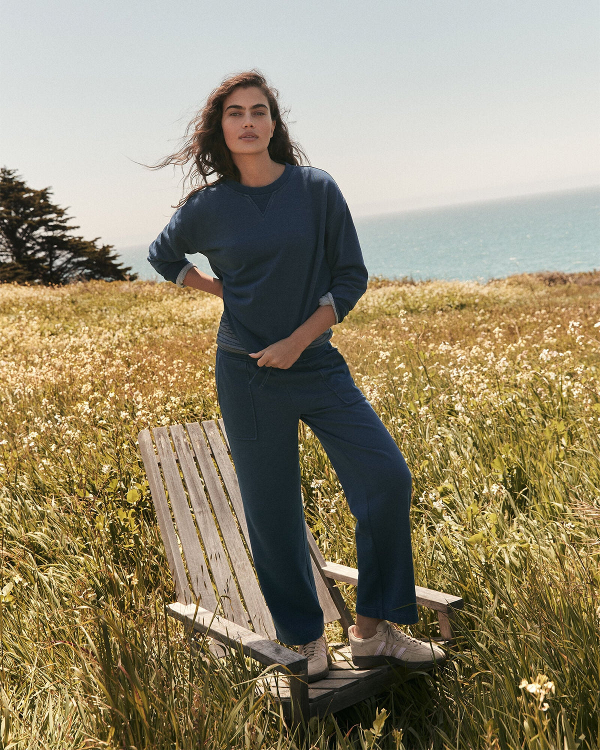 INDIGO WASHED COTTON FLEECE CREWNECK PULLOVER | Talbots