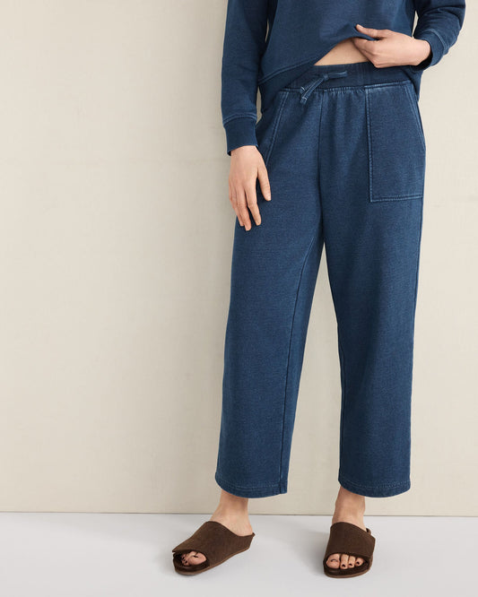 INDIGO WASHED COTTON FLEECE STRAIGHT LEG PANTS | Talbots