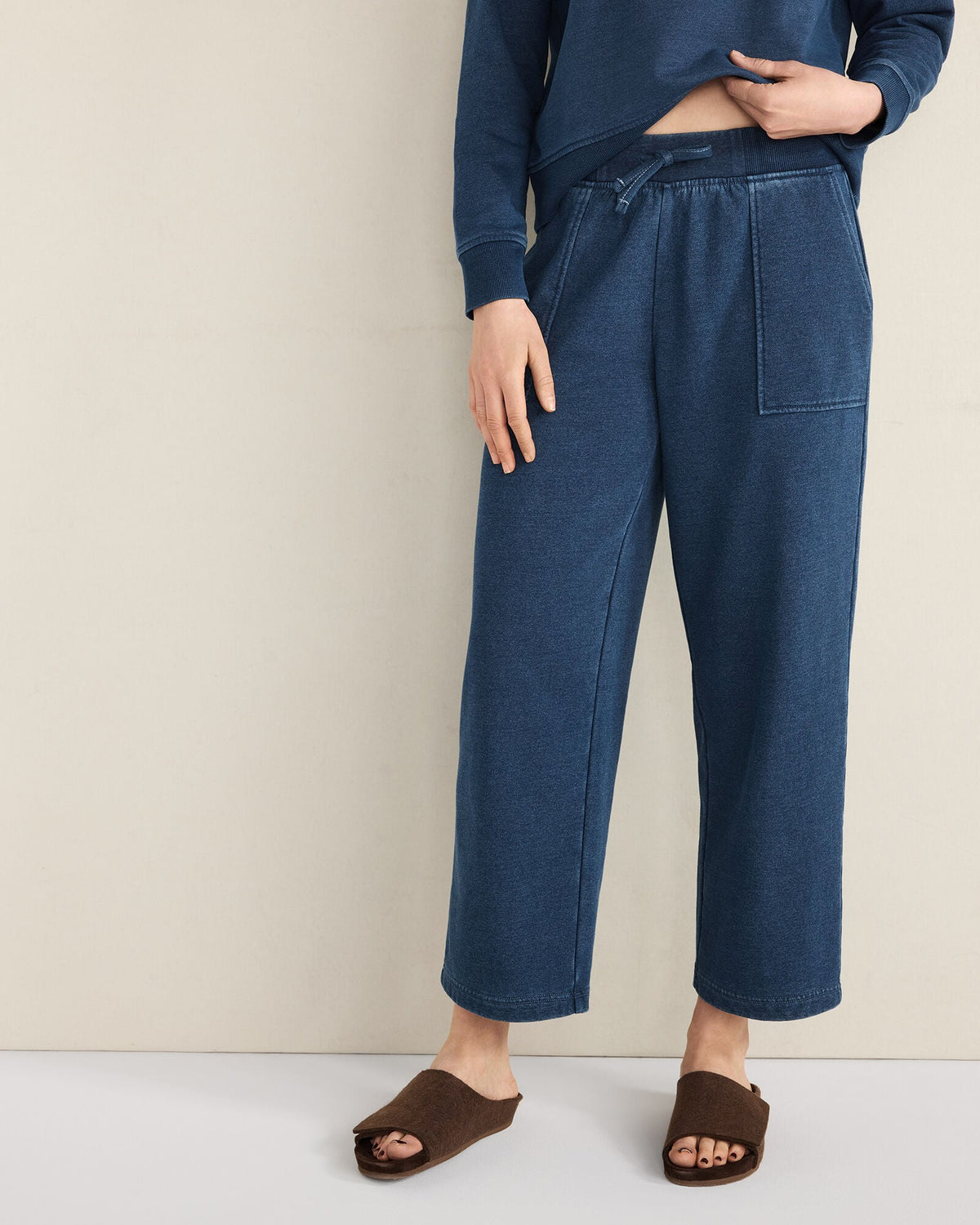 INDIGO WASHED COTTON FLEECE STRAIGHT LEG PANTS | Talbots