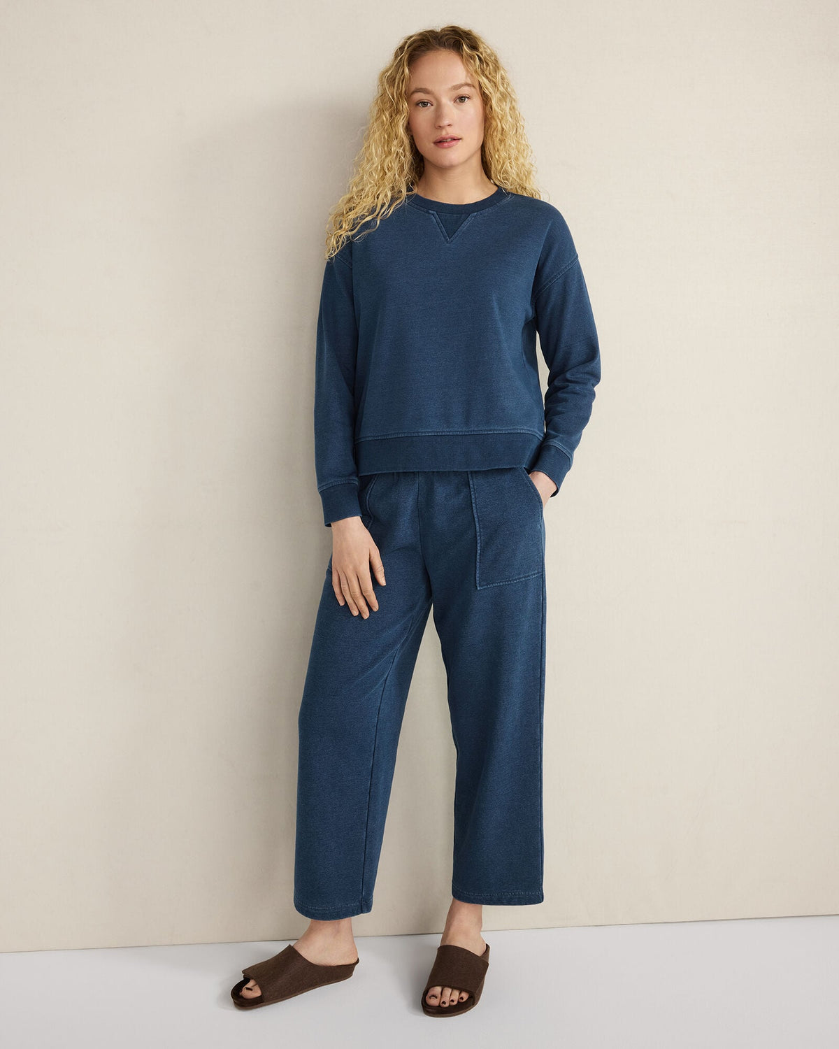 INDIGO WASHED COTTON FLEECE STRAIGHT LEG PANTS | Talbots