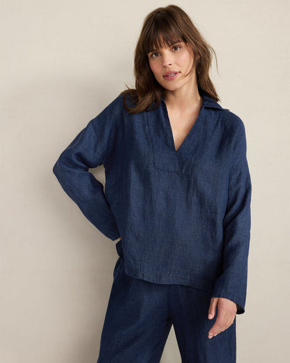 LINEN COLLARED LONG SLEEVE TOP | Talbots