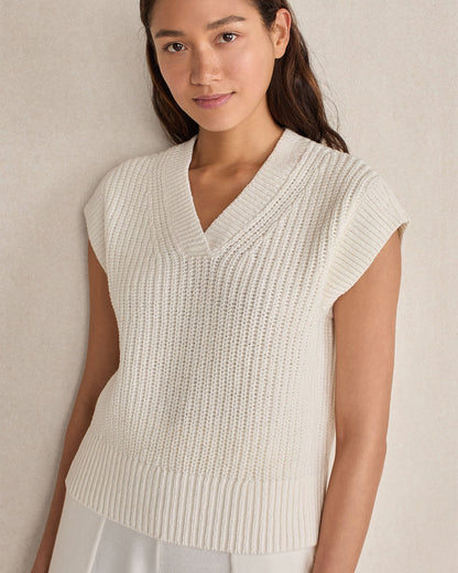 ORGANIC COTTON LINEN SHAKER STITCH V-NECK SWEATER | Talbots