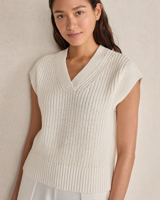 ORGANIC COTTON LINEN SHAKER STITCH V-NECK SWEATER | Talbots