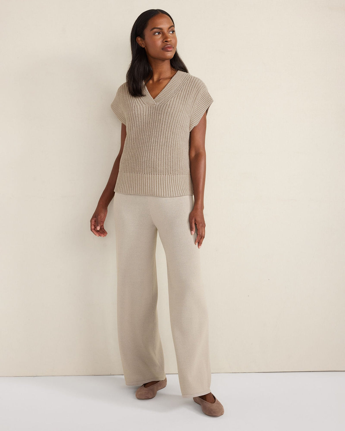 ORGANIC COTTON LINEN SHAKER STITCH V-NECK SWEATER | Talbots