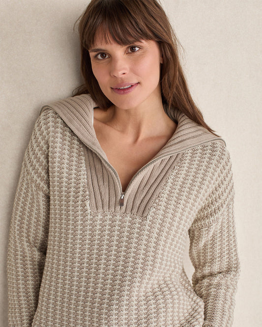 COTTON BLEND CONTRAST STITCH HALF ZIP SWEATER | Talbots