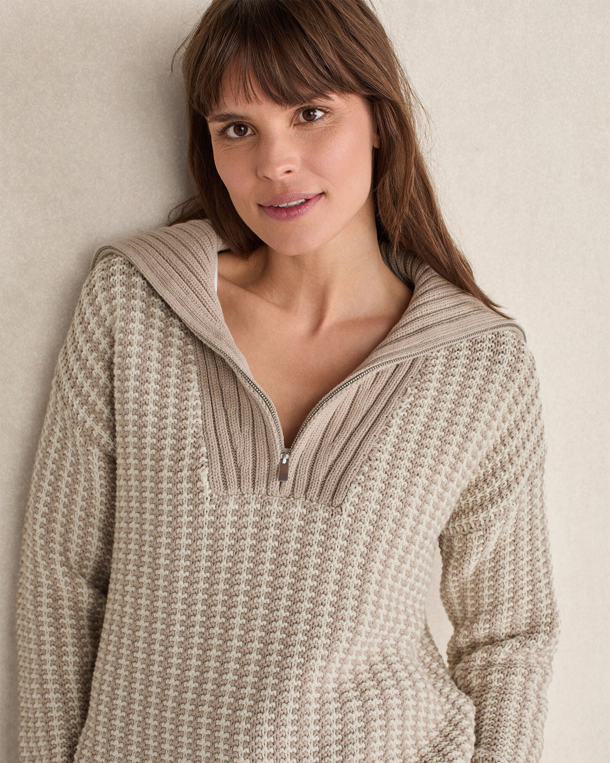COTTON BLEND CONTRAST STITCH HALF ZIP SWEATER | Talbots