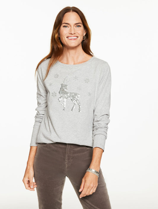 SEQUIN REINDEER CREWNECK TEE | Talbots
