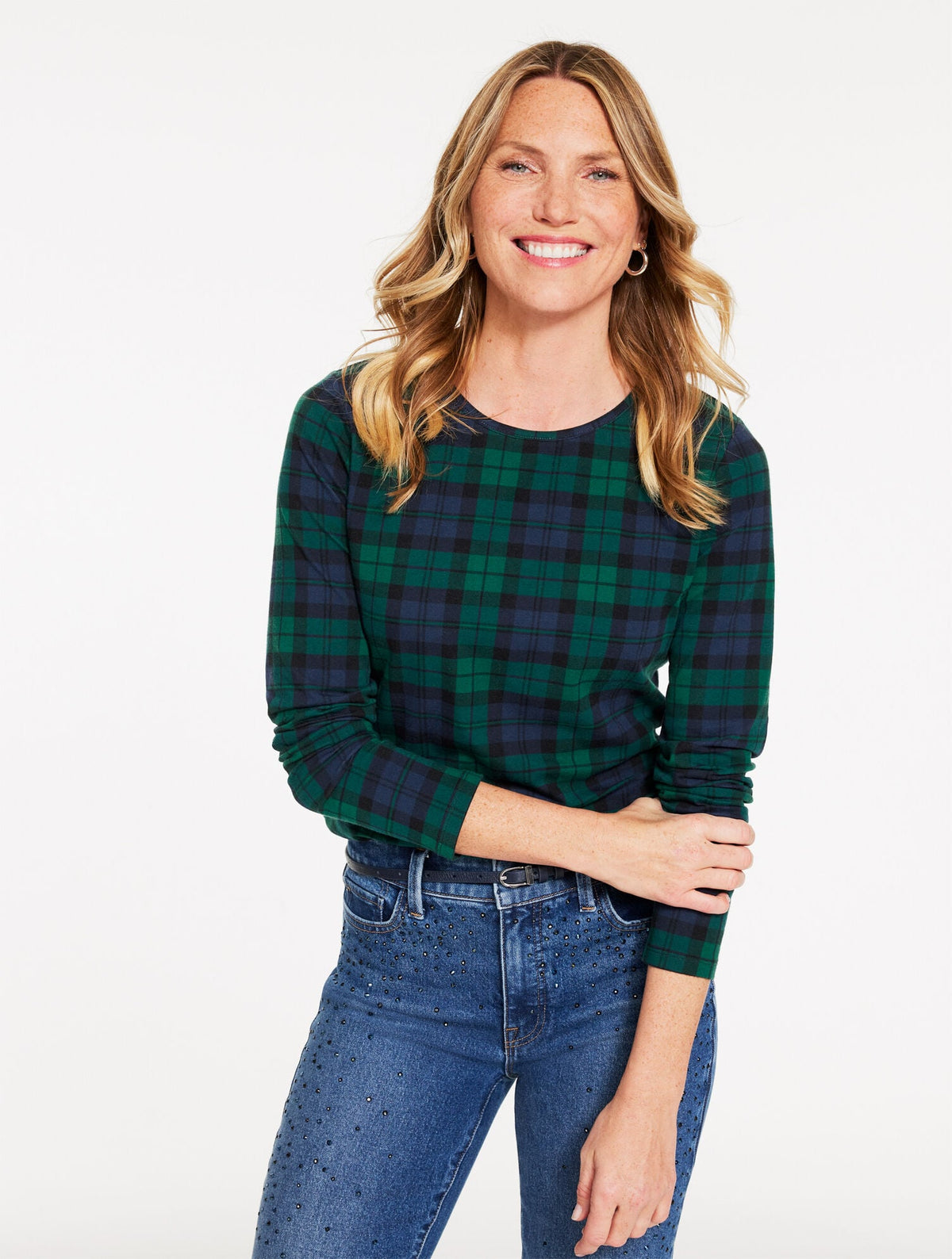 LONG SLEEVE CREWNECK TEE - MERRIMENT TARTAN | Talbots