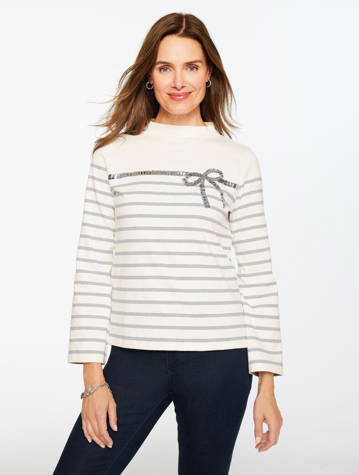 SEQUIN RIBBON STRIPE MOCKNECK TEE | Talbots