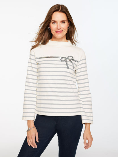 SEQUIN RIBBON STRIPE MOCKNECK TEE | Talbots