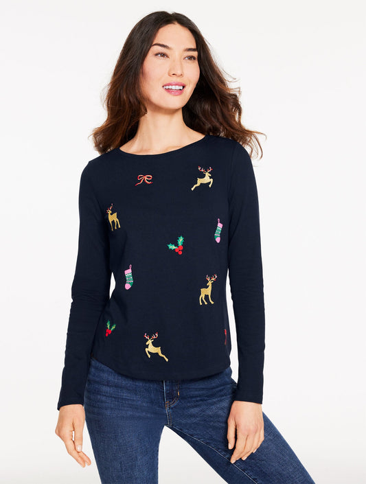 LONG SLEEVE CREWNECK TEE - TOSSED DEER | Talbots