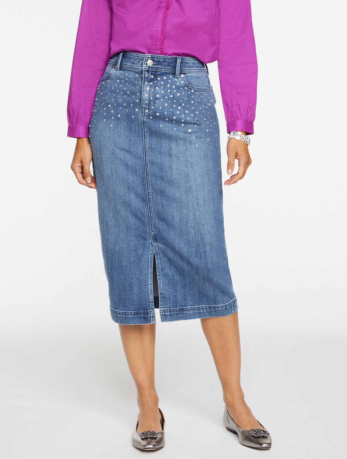 EMBELLISHED DENIM MIDI SKIRT | Talbots
