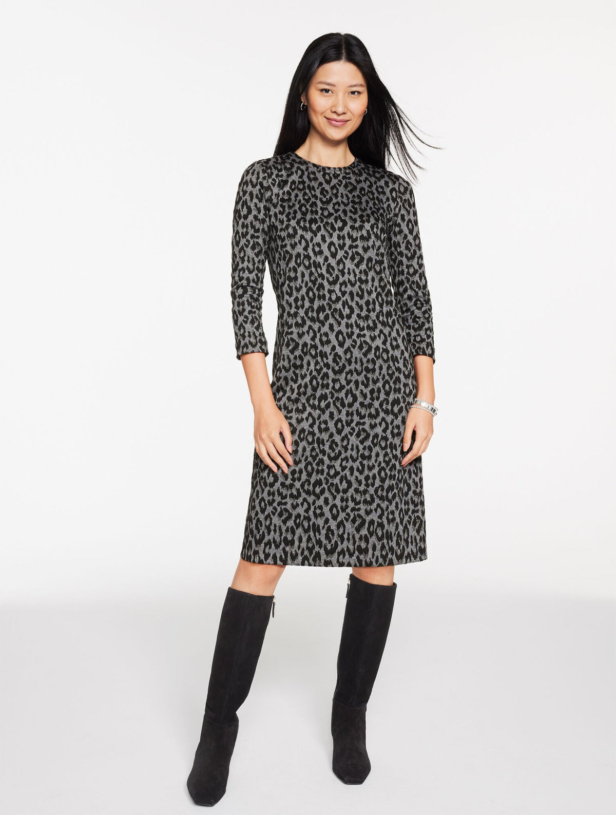 JACQUARD SHIFT DRESS - SNOW LEOPARD | Talbots