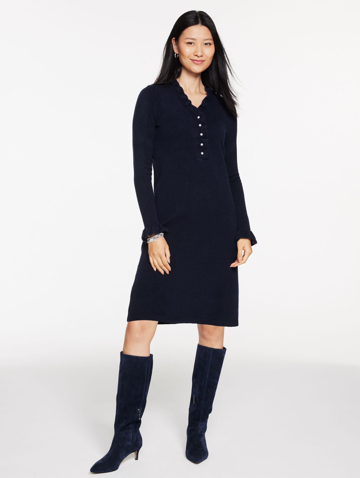 CABLE KNIT RUFFLE SWEATER DRESS | Talbots