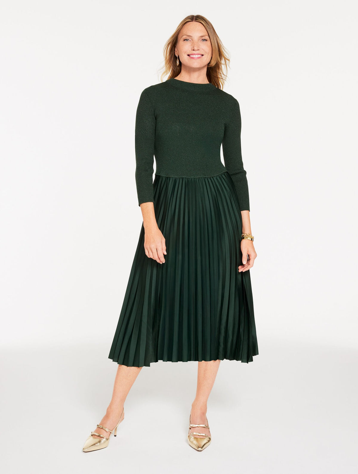MIXED MEDIA PLEATED MIDI DRESS | Talbots