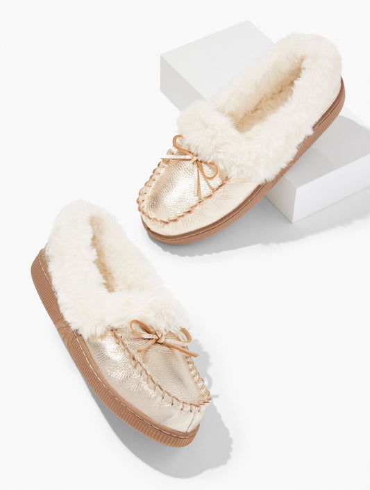 CLEO METALLIC PEBBLE LEATHER FAUX FUR MOCCASINS | Talbots