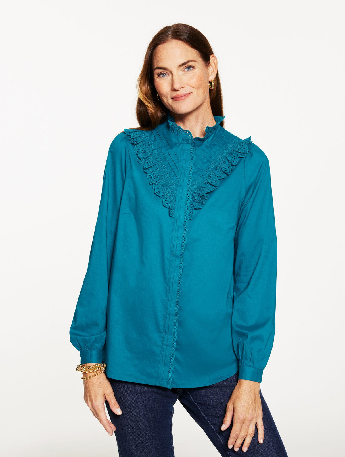 EYELET RUFFLE BUTTON FRONT TOP | Talbots