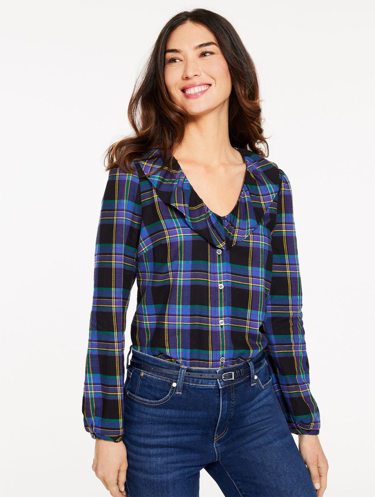 RUFFLE BUTTON FRONT TOP - WISHFUL PLAID | Talbots