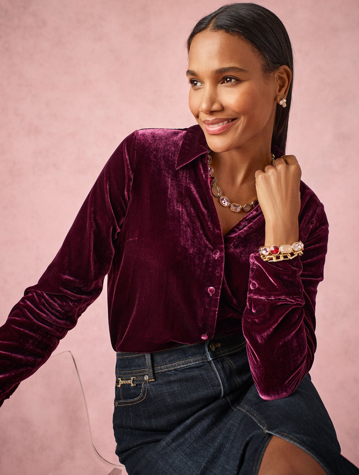 VELVET BUTTON FRONT SHIRT | Talbots