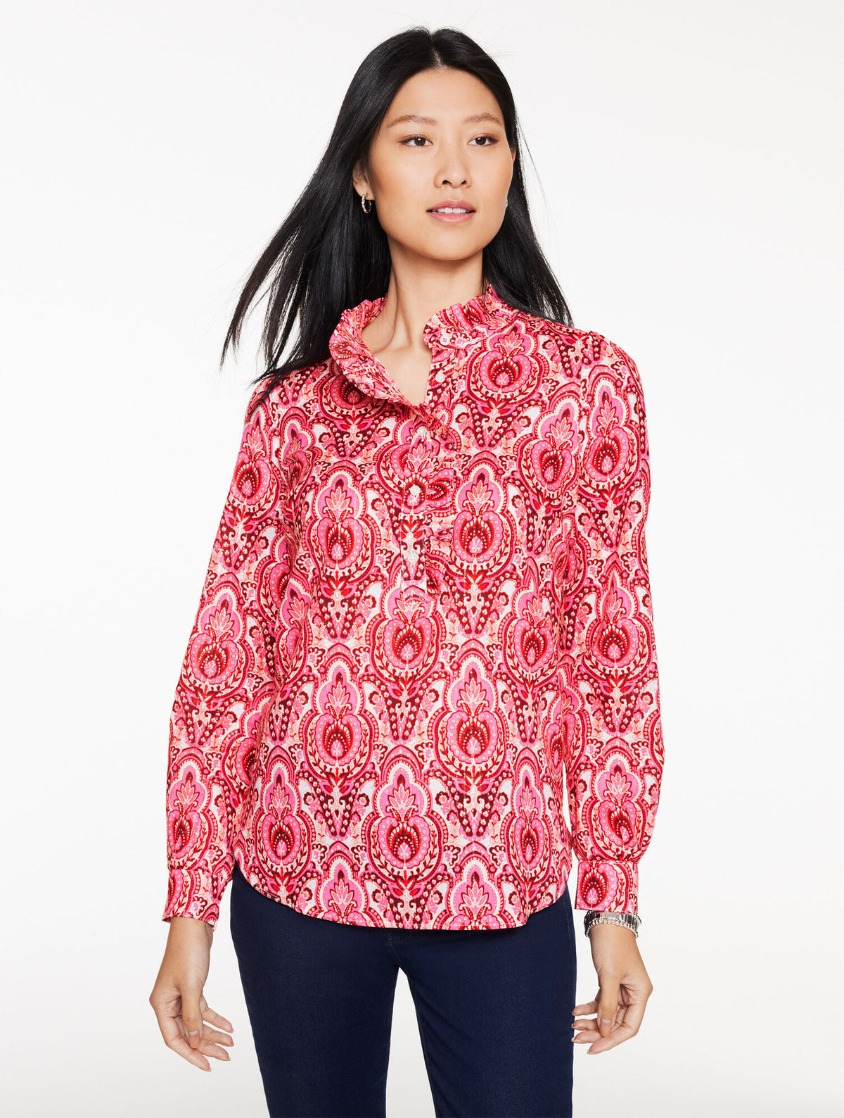 METALLIC RUFFLE POPOVER - JOYFUL DAMASK | Talbots